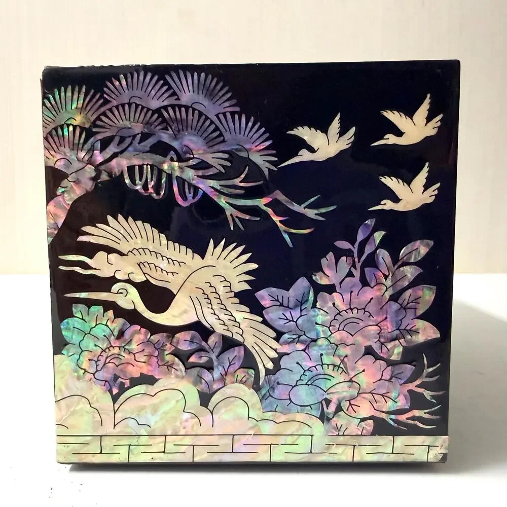 Vintage Asian Mother of Pearl Black Laquer Wood Jewelry Box Hinged AS IS